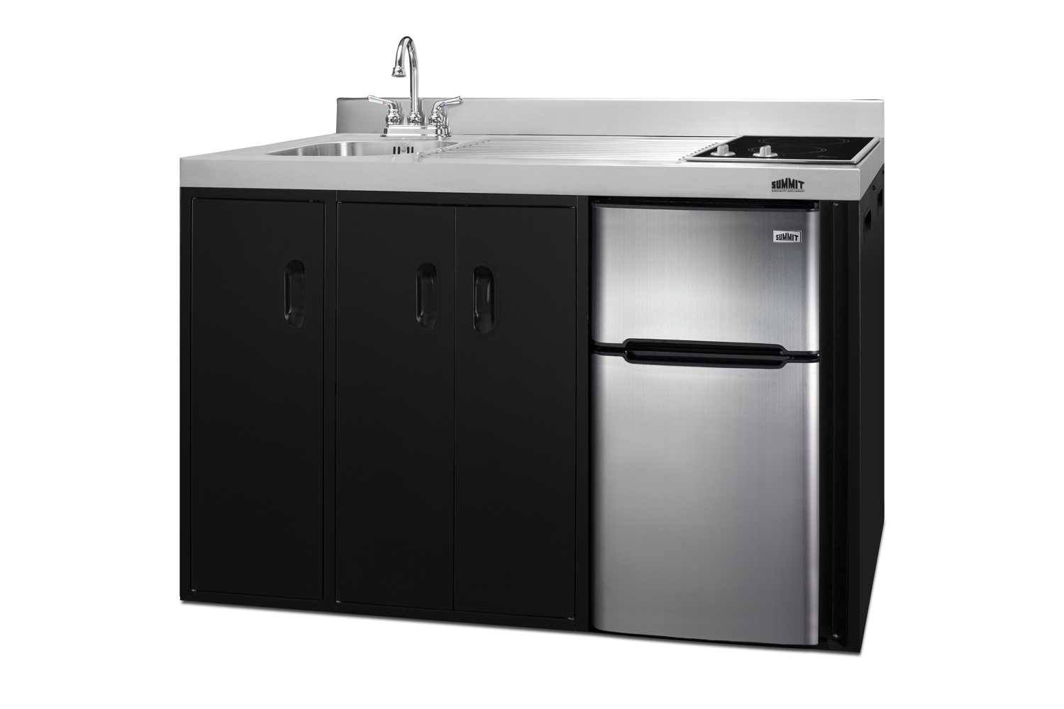 54 inch wide all-in-one kitchenette in black with a removable 2-burner 115V smooth top cooktop, 2-door refrigerator-freezer, sink, and two storage cabinets